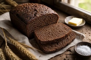 A loaf of Lithuanian black rye bread with a slice, caraway seeds, and rye ears on a wooden table