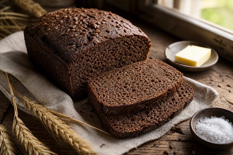 A loaf of Lithuanian black rye bread with a slice, caraway seeds, and rye ears on a wooden table