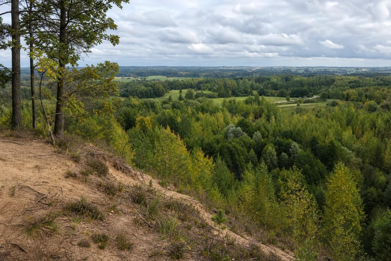 Sandy rim of Juodeliai Cliff above the wooded rolling landscape of Suvalkija