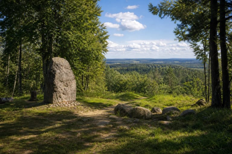 Juozapinės kalno viršūnė su paminkliniu akmeniu ir mišku Medininkų aukštumoje