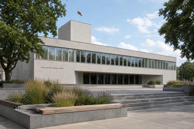 Pilko ankstyvojo modernizmo Juozo Miltinio dramos teatro fasadas su ilga stiklo juosta, laiptuota Laisvės aikštės prieiga ir scenos bokštu