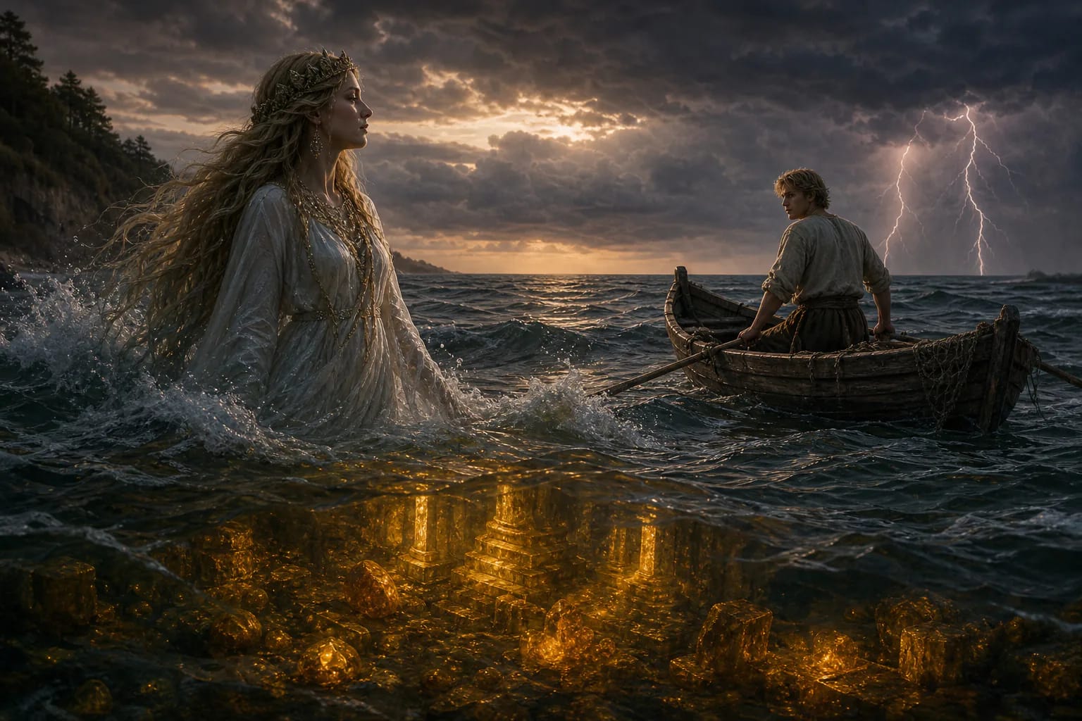Юрате поднимается из волн Балтийского моря рядом с лодкой Каститиса и сиянием янтарного дворца