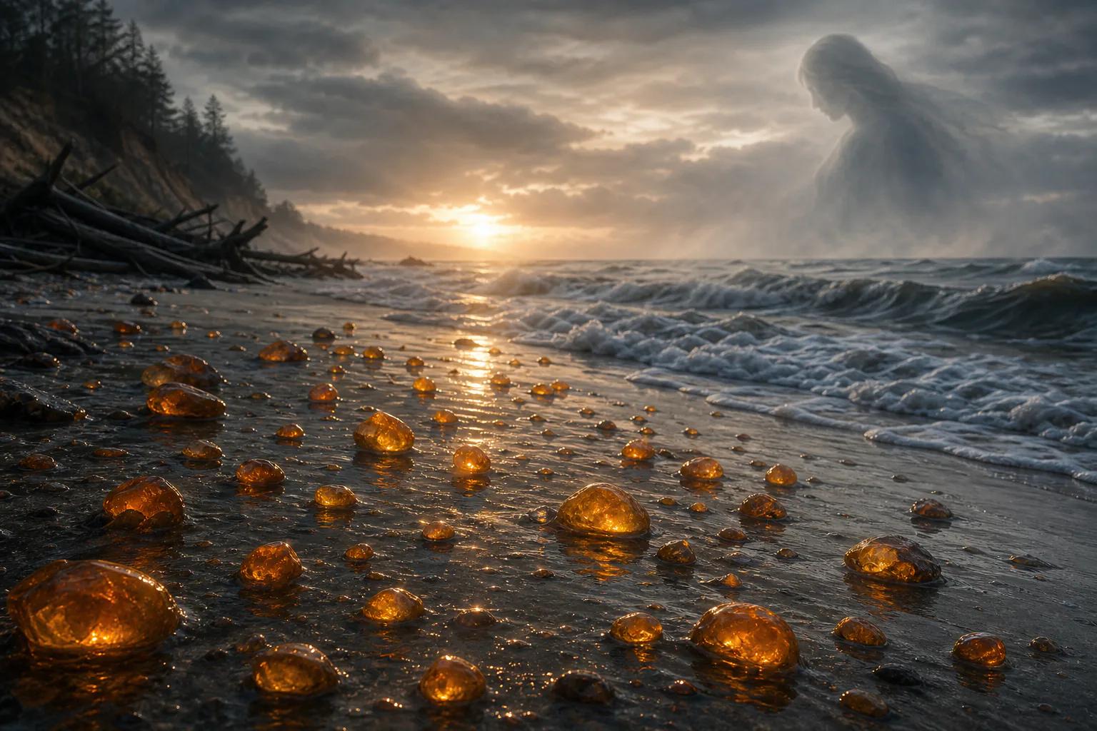 Amber drops on the Baltic shore as Jūratė's tears
