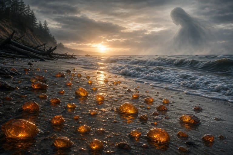 Amber drops on the Baltic shore as Jūratė's tears