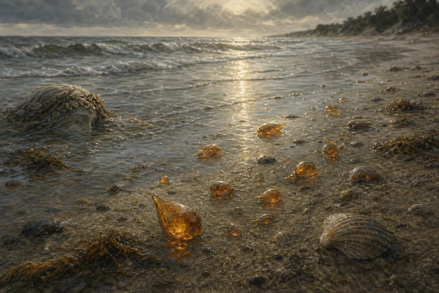 Jūratė's Tears visual interpretation with Jūratė, tears, amber motifs