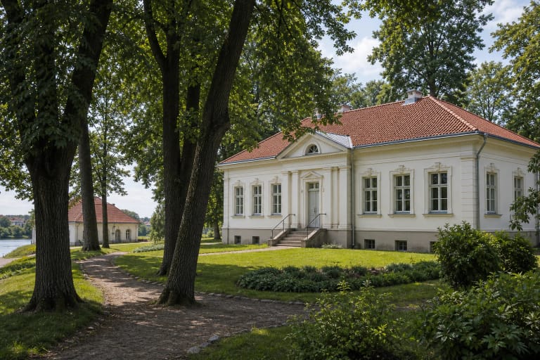 Jurbarko dvaro parke išlikusi šviesi vėlyvojo klasicizmo oficina su raudonu stogu ir medžiais