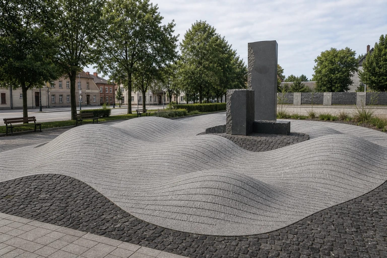 Granite-wave memorial with Jewish family names in Jurbarkas Synagogue Square