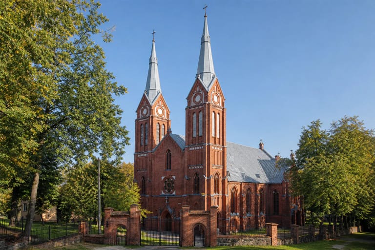 Jurbarko Švč. Trejybės bažnyčios raudonų plytų fasadas su dviem aukštomis skardinėmis smailėmis ir mūriniais šventoriaus vartais