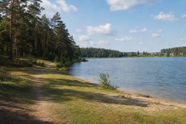 Песчаный берег пруда Юре, лесная тропа и спокойный водоём возле Казлу-Руды