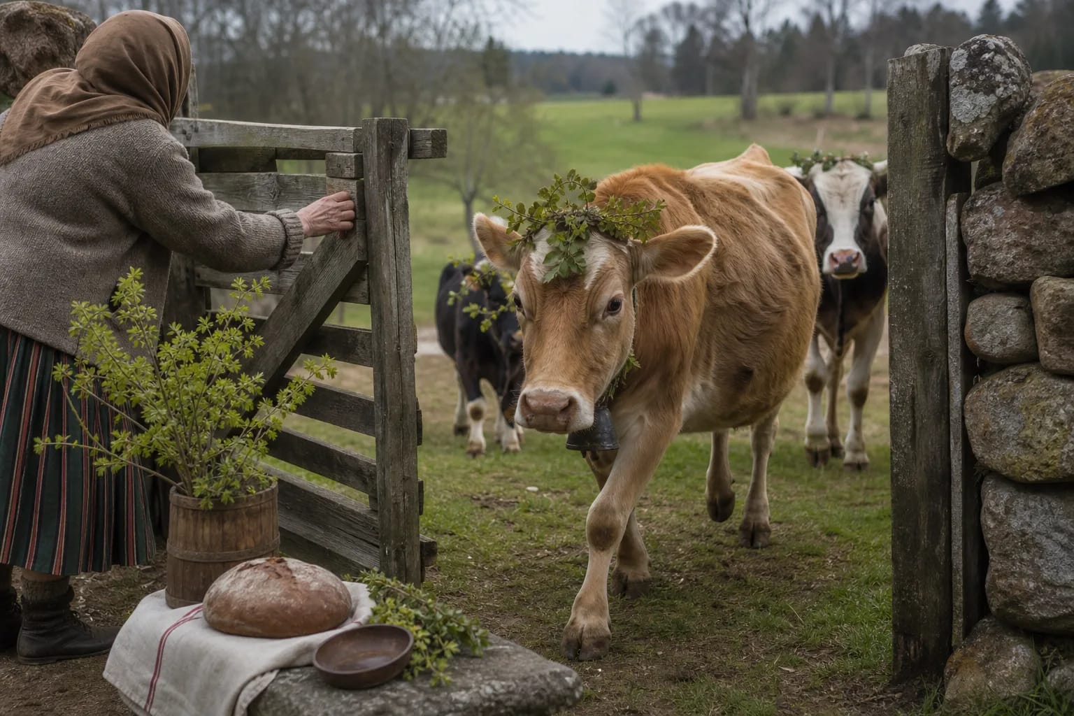 A crowned cow being led through a wooden gate on Jurgines morning