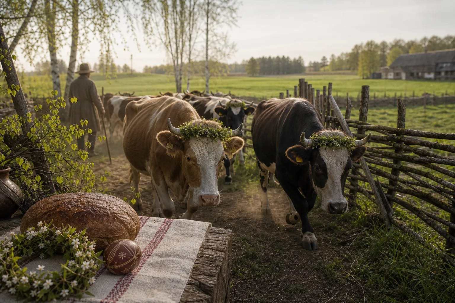 A Jurgines morning in a village pasture with crowned cattle, bread, and spring greenery