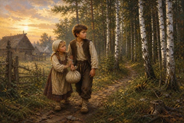 Юргюкас и Элените, прижавшись друг к другу и неся небольшой узелок, идут от усадьбы через берёзовую рощу