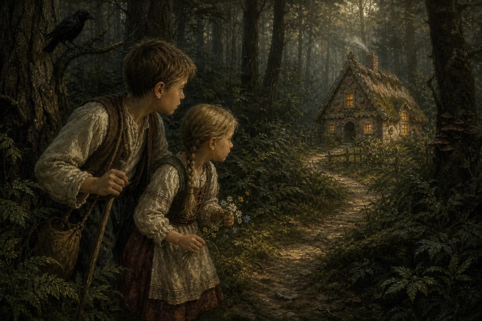 Jurgiukas and Elenytė visual interpretation with brother and sister, journey, dangerous home motifs