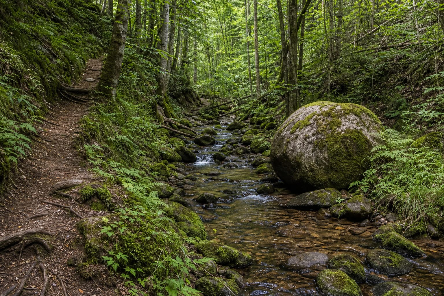 Jurkiškis Stream Nature Trail with a narrow stony stream, mossy boulders, and forest slopes