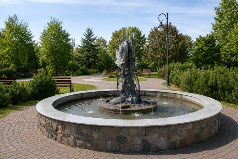 Tauragės Jūros upės parke stovintis metalo ir medžio Gyvybės medžio fontanas, apsuptas akmens baseino, raudonų suolų ir želdinių