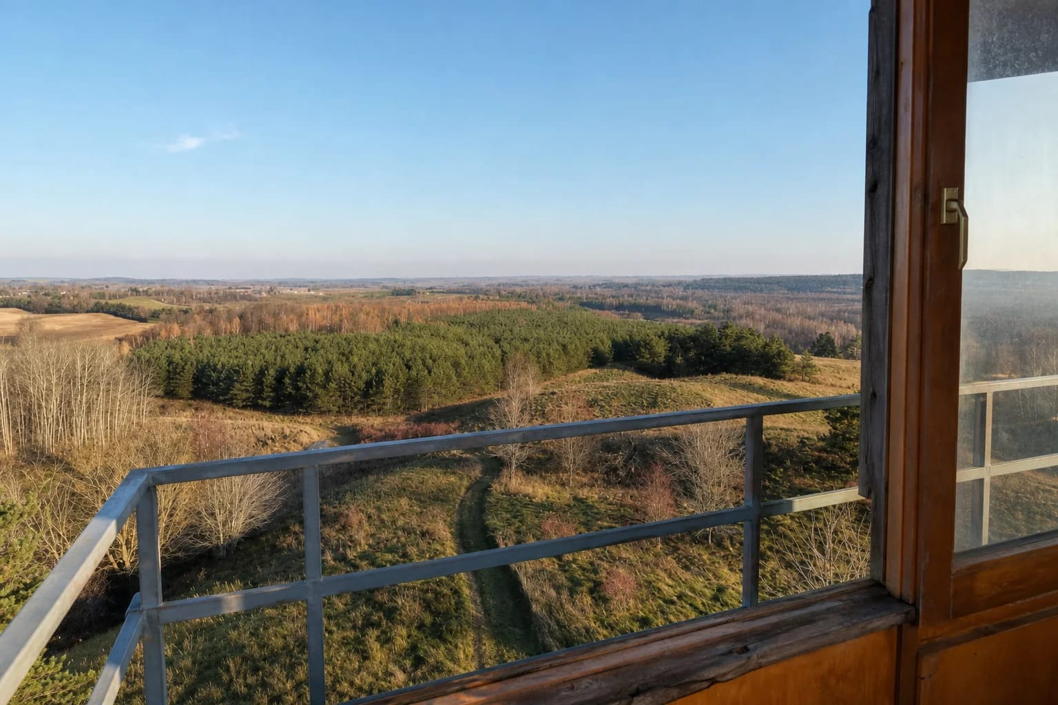 Панорама с холма Качергу через окно смотровой башни на холмистую пограничную местность и леса