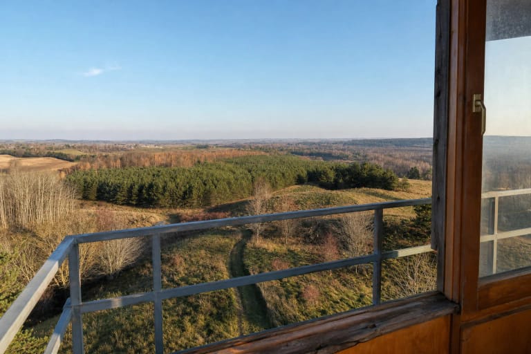 Kačergų kalno panorama pro apžvalgos bokšto langą į banguotas pasienio kalvas ir miškus