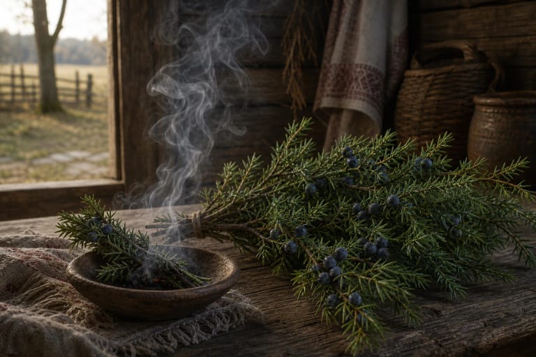 An evergreen juniper branch with blue berries as a Lithuanian symbol of purification and protection