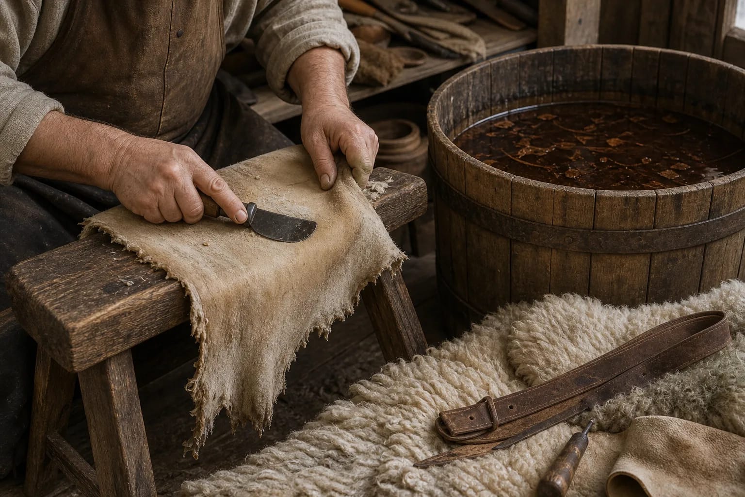 The scraper and vat show the furrier’s working process.