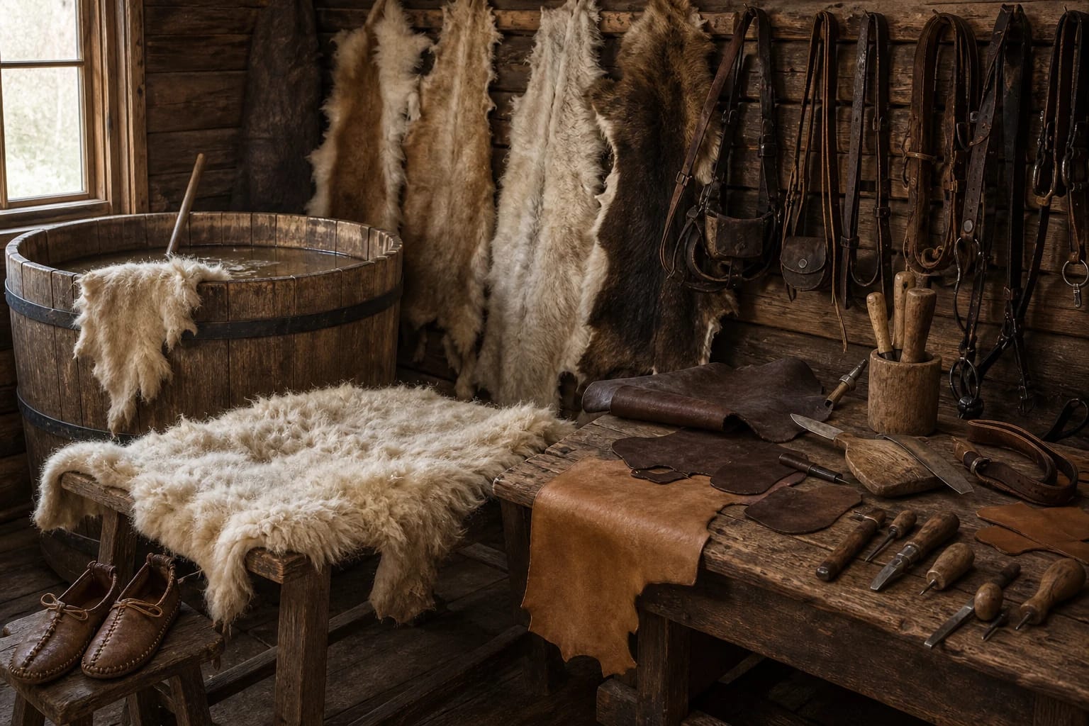 Lithuanian fur worker and leather worker's workshop with stretched sheepskins, a tub for tanning hides, scraper, and dressed leather blanks