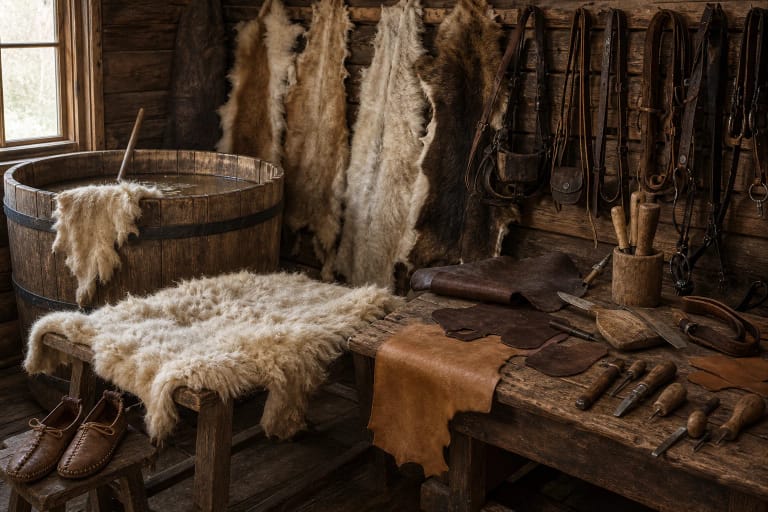 Lithuanian fur worker and leather worker's workshop with stretched sheepskins, a tub for tanning hides, scraper, and dressed leather blanks