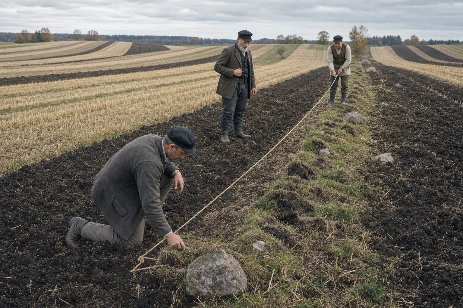Seniūnas ir du kaimo atstovai matuoja suartą ežią tarp siaurų laukų rėžių