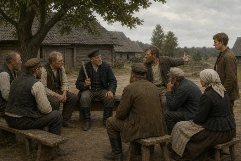 Representatives of nineteenth-century Lithuanian village farms meeting around an elder holding the assembly staff