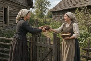 One neighbor passing a small loaf of newly baked bread and a bowl of food across a fence to another family