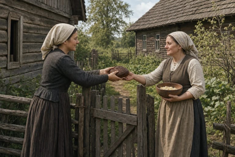 One neighbor passing a small loaf of newly baked bread and a bowl of food across a fence to another family