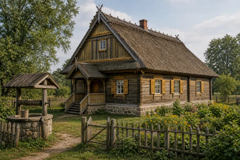 Recognition diagram of a traditional Lithuanian building with log walls, high roof, shutters, klėtis, fence, and farmstead plan