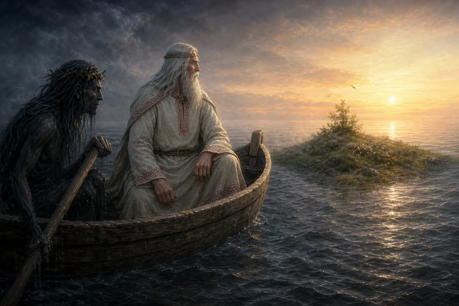 Dievas and a dark rower in a small boat by the first island of earth above the primeval waters