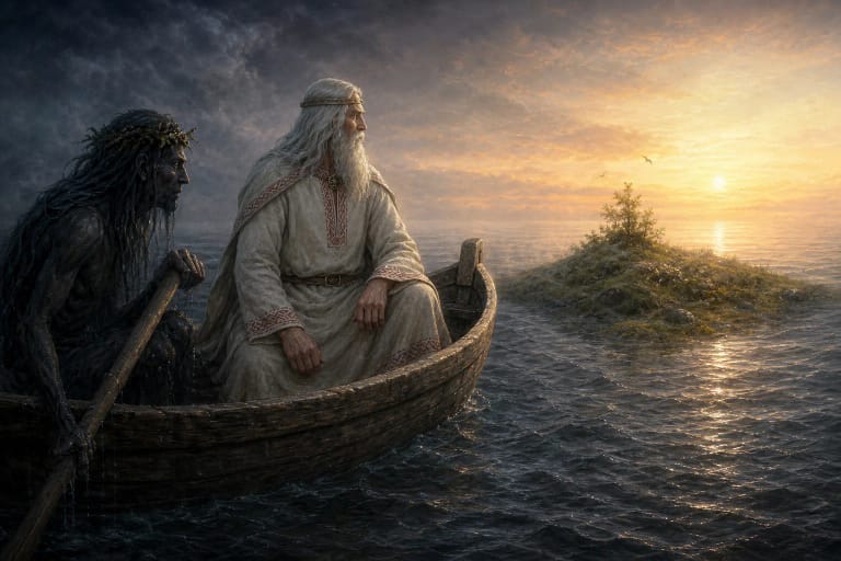 Dievas and a dark rower in a small boat by the first island of earth above the primeval waters