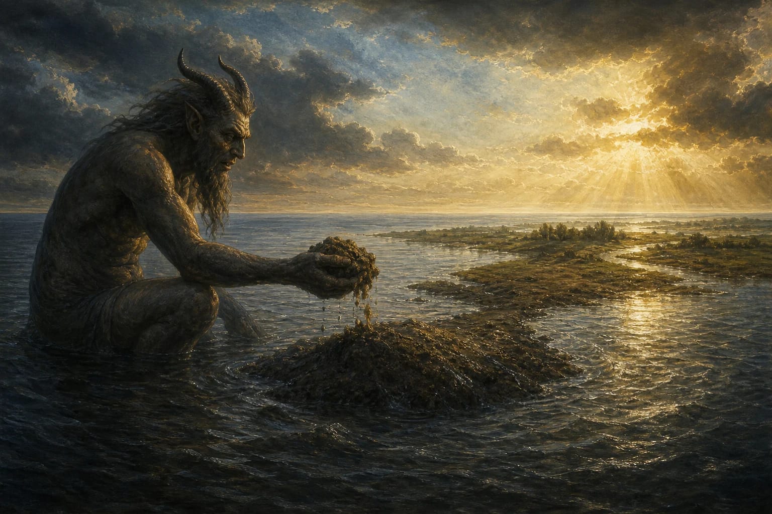 How the Earth Came to Be visual interpretation with primeval waters, Dievas and Velnias, speck of earth motifs