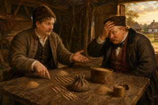 A farmhand uses grain measures and tally sticks to settle wages while his embarrassed master realizes the trick