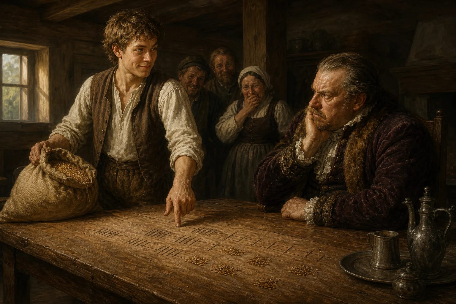 How the Farmhand Settled Accounts with the Master visual interpretation with farmhand, master, wages motifs
