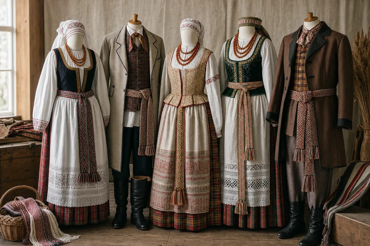 Penkių Lietuvos etnografinių regionų moterų tautiniai kostiumai greta: skirtingų spalvų sijonai, prijuostės, juostos ir galvos danga