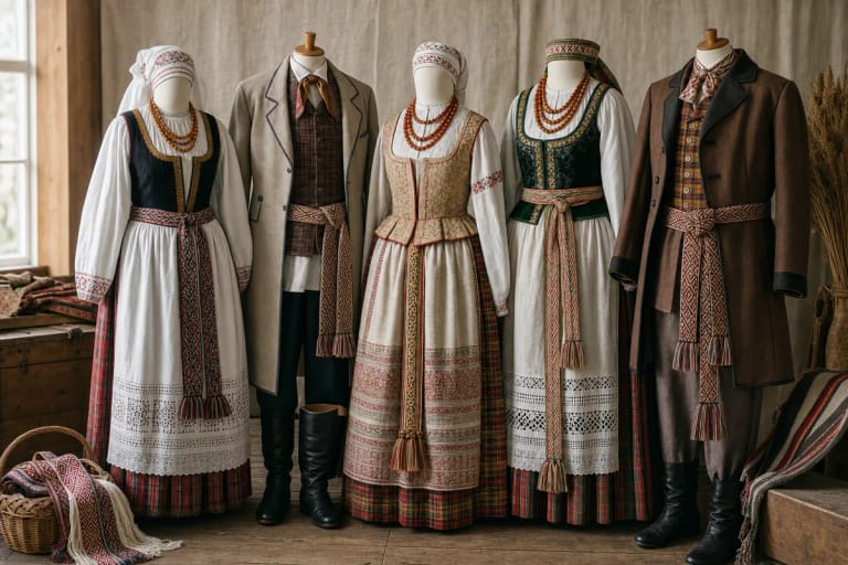 Penkių Lietuvos etnografinių regionų moterų tautiniai kostiumai greta: skirtingų spalvų sijonai, prijuostės, juostos ir galvos danga