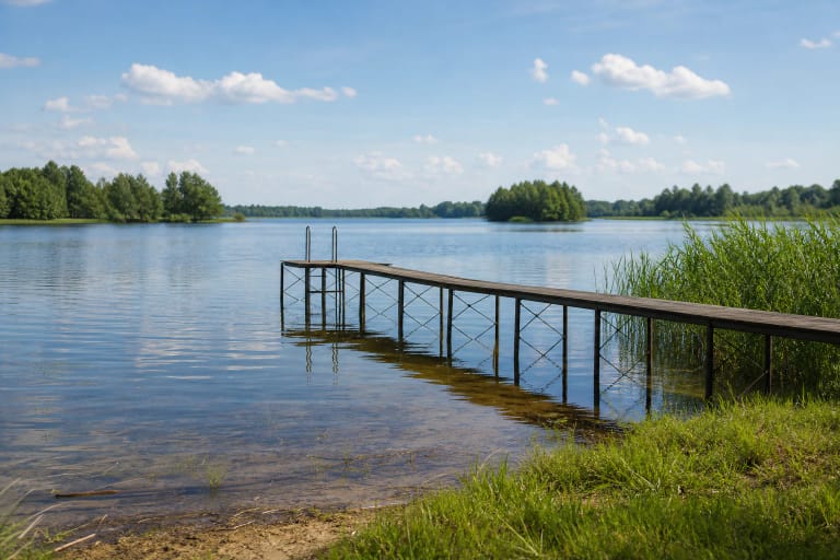 Kairių paplūdimio medinis lieptas su metalinėmis kopėtėlėmis, ramus ežero vanduo, nendrės ir žalia pakrantė vasarą