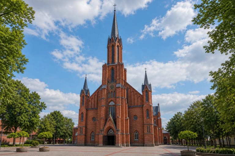 Kaišiadorių Kristaus Atsimainymo neogotikinė katedra su aukštu bokštu