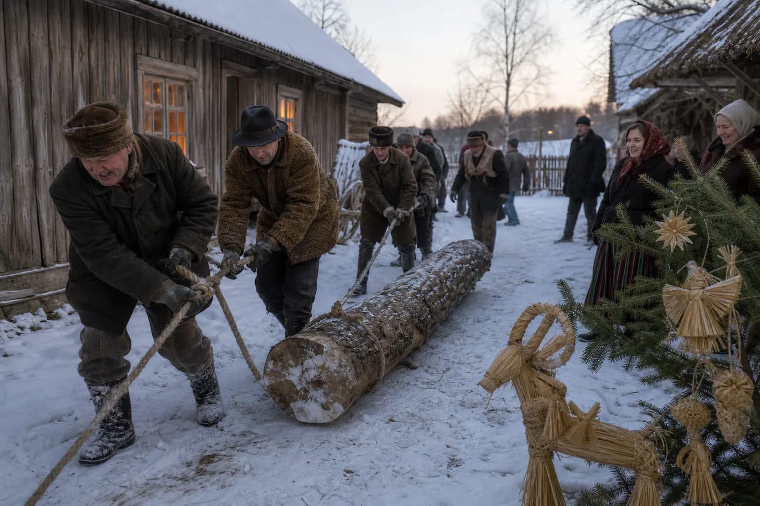 A Christmas blukis log being pulled through a snowy village yard