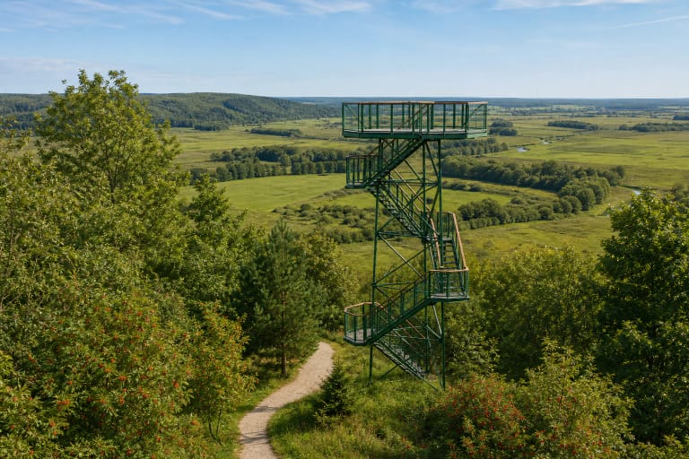 Žalias metalinis Kalnalio apžvalgos bokštas su zigzagu kylančiais laiptais virš Salanto senslėnio pievų ir miškų