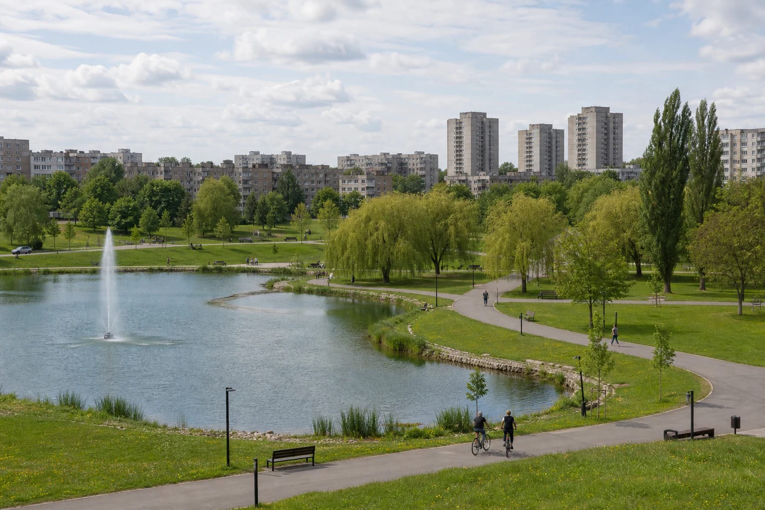 Kalniečiai Park pond with a fountain, winding paths, willow trees, and the Kalniečiai apartment blocks in the distance