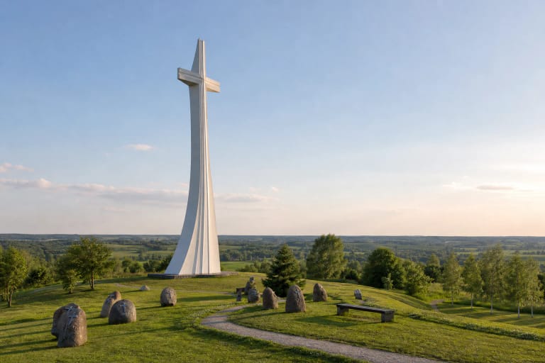 White wave-shaped Cross of the Nation's Resurrection, stone Exiles' Calvary stations and a path on a hill in Kaltinėnai Spiritual Park