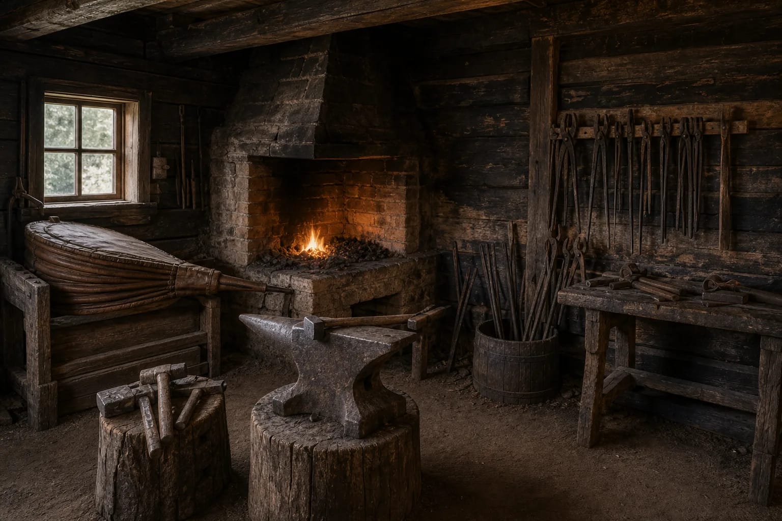 The heart of the forge was the hearth, bellows, and anvil.