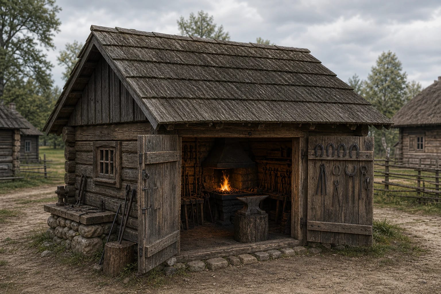 Traditional village kalvė with forge hearth, bellows, anvil, wooden walls, and an open work area by the road