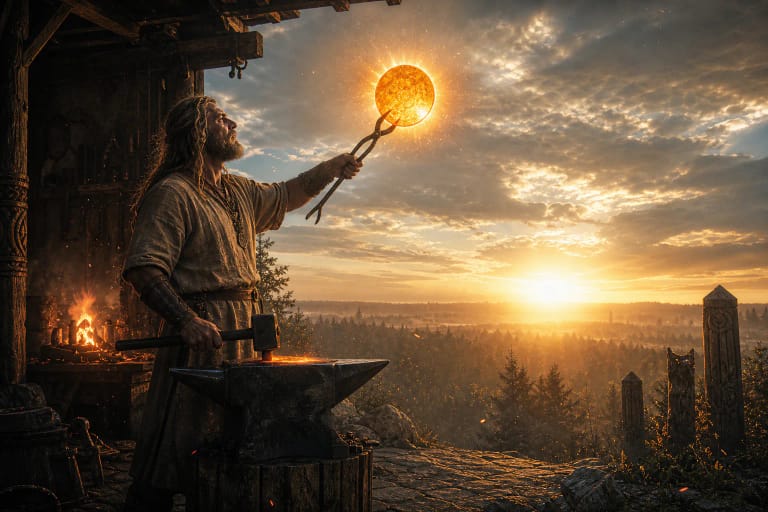 Kalvelis or Teliavelis forges a glowing sun disk in an ancient smithy