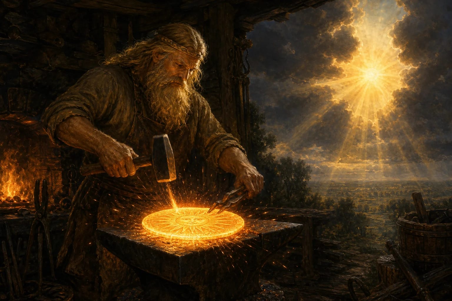 Kalvelis and the Forged Sun visual interpretation with Kalvelis, Teliavelis, Sun motifs