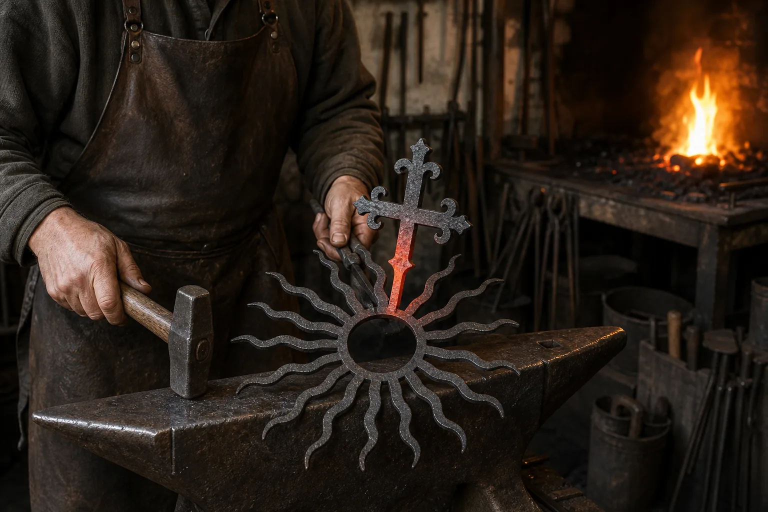 In the smithy, an iron sunburst takes its radiating form.