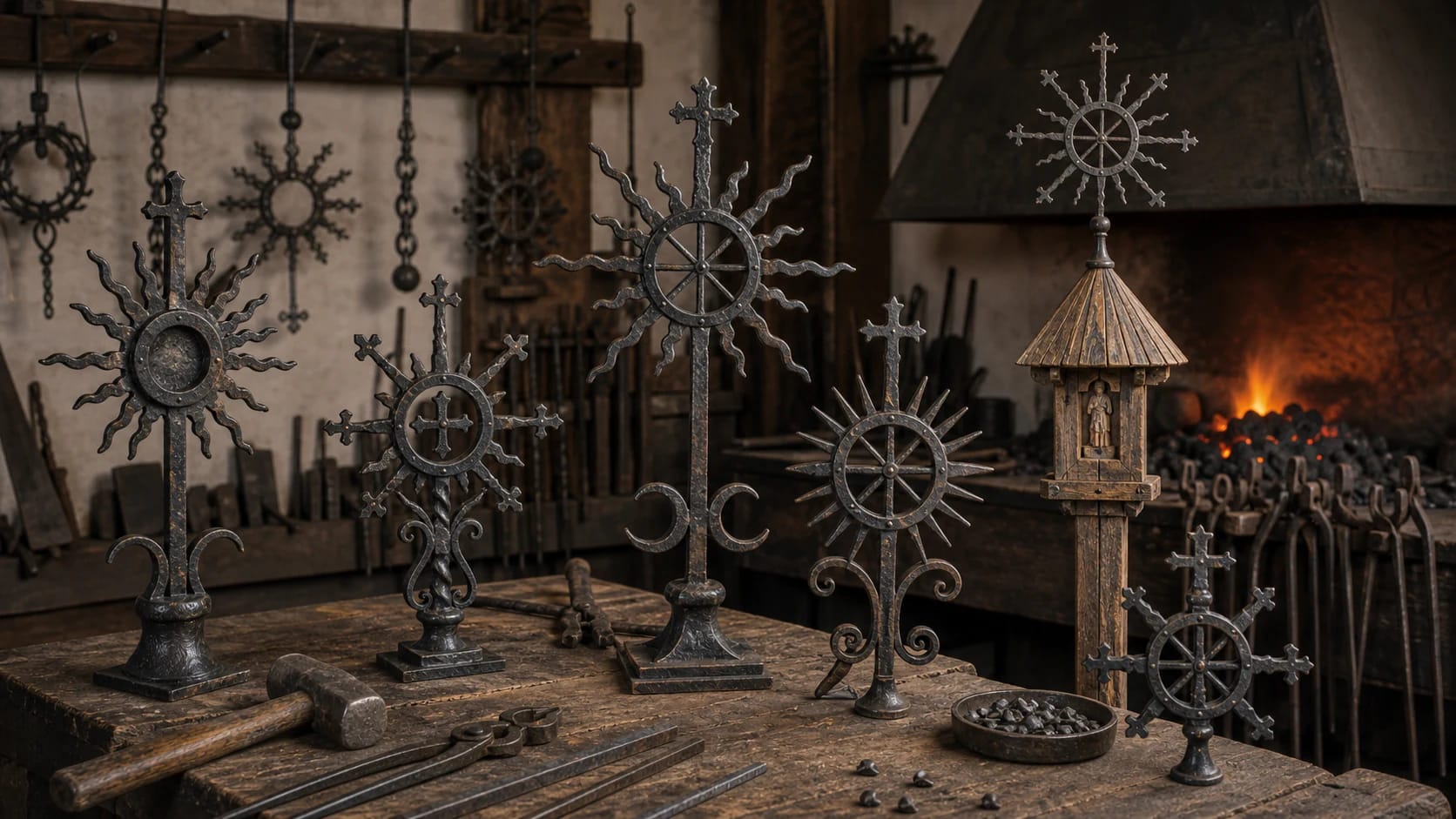Lithuanian forged sunbursts, iron radiating cross finials in a blacksmith's workshop