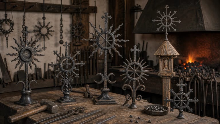 Lithuanian forged sunbursts, iron radiating cross finials in a blacksmith's workshop